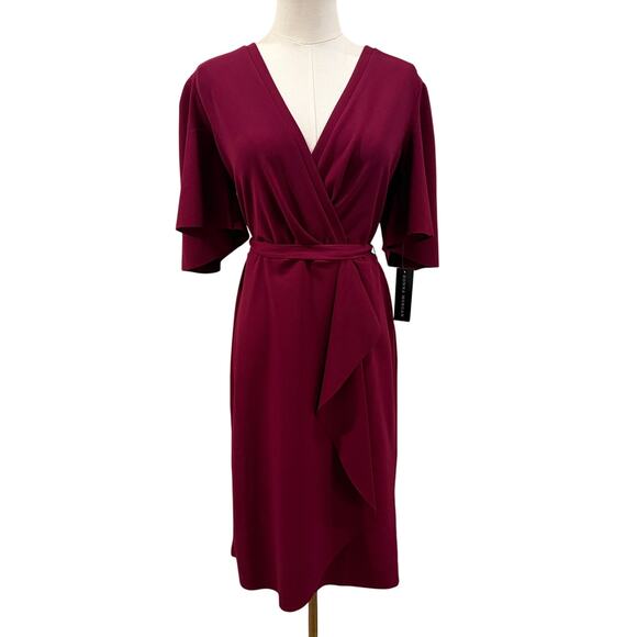 Donna Morgan Mulberry Wrap Midi Dress Burgundy 10 Elegant Flutter Sleeve Holiday - Picture 1 of 9